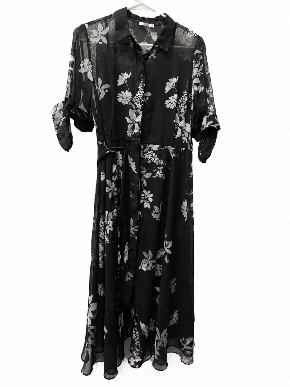 Calvin Klein Black Sheer Floral Maxi Dress with White Print
